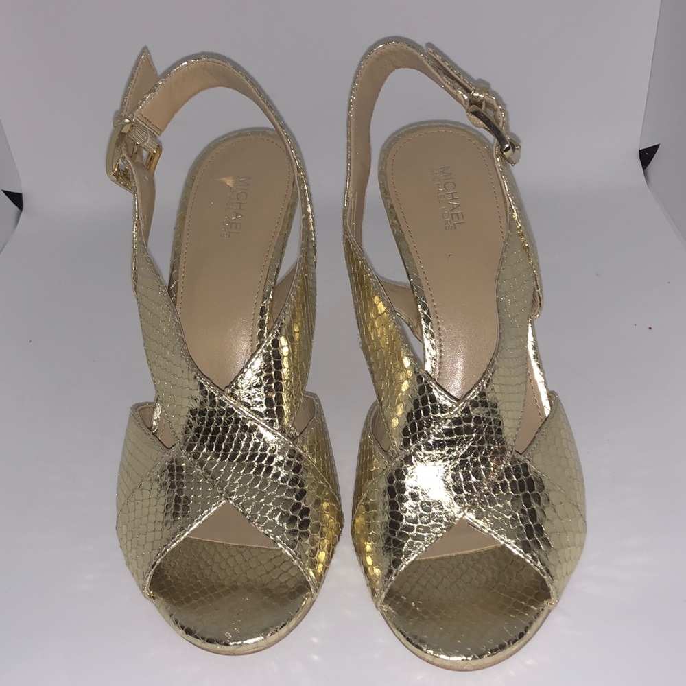Michael Kors Gold Metallic Snake-Embossed Slingback Heels